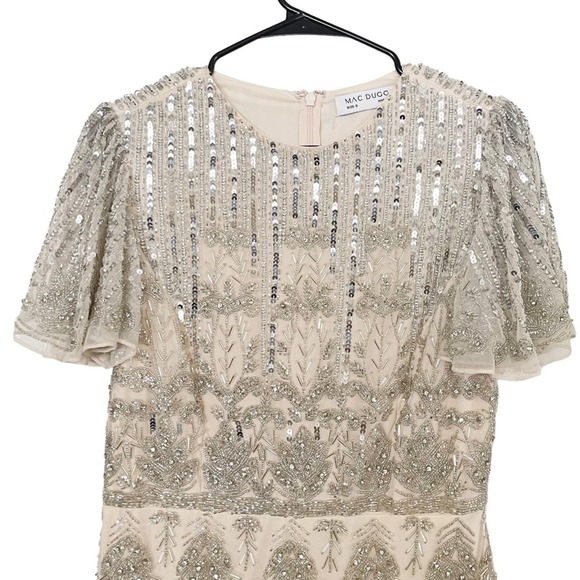 Mac Duggal 5575 Nude Silver Beaded Flutter Sleeve Formal Cocktail Dress Size 6 - Picture 6 of 7